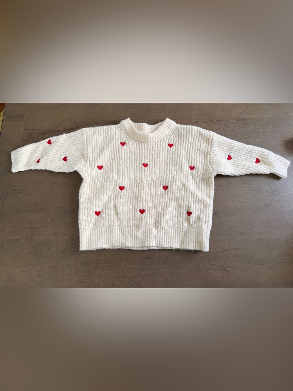 Baby Girl Cream Knit Sweater with Red Heart Embroidery